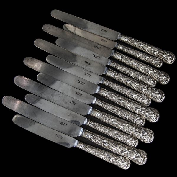 6 pairs of Superb Stag Hunt Pattern Antique English Sterling Silver handled Table and Dessert Knives