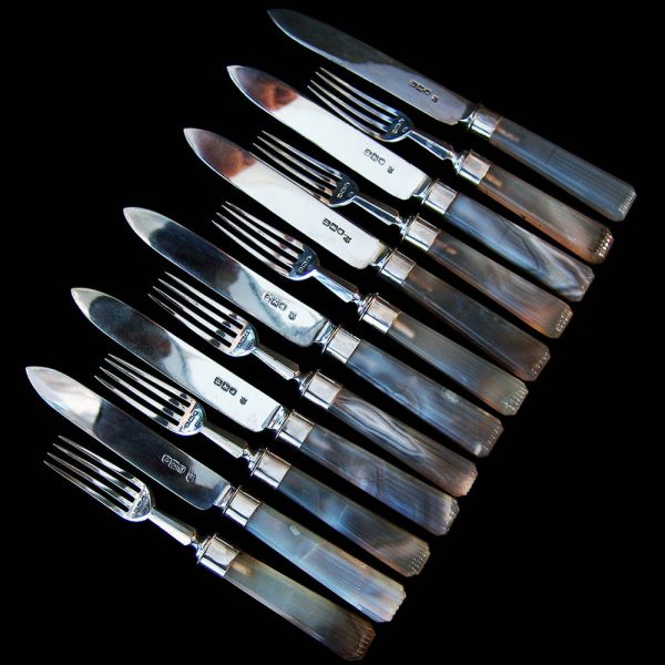 Antique Silver Fruit Knives and Forks with Agate Handles