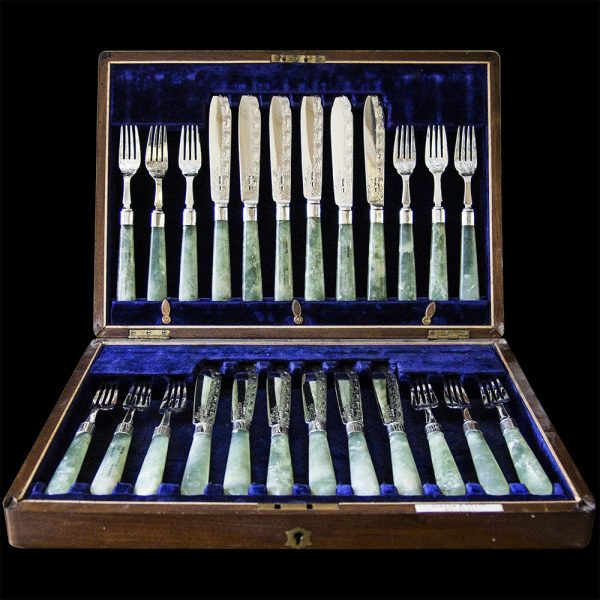 Cased Set of Victorian Silver and Jade Handled Fish Knives and Forks