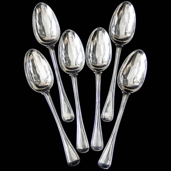 A set of 6 Victorian Antique Silver Old English Thread Military Pattern Table Spoons by George Adams