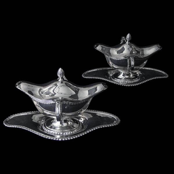 Pair of Edwardian Antique Silver Double Lipped Sauce Boats on Stands