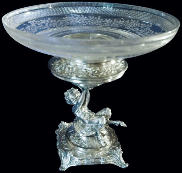 Antique silver Bacchanalian centrepiece with original glass dish