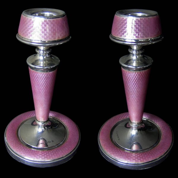 Pair of Silver and Enamel Candlesticks