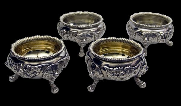 English silver antique set of four heavy salt cellars