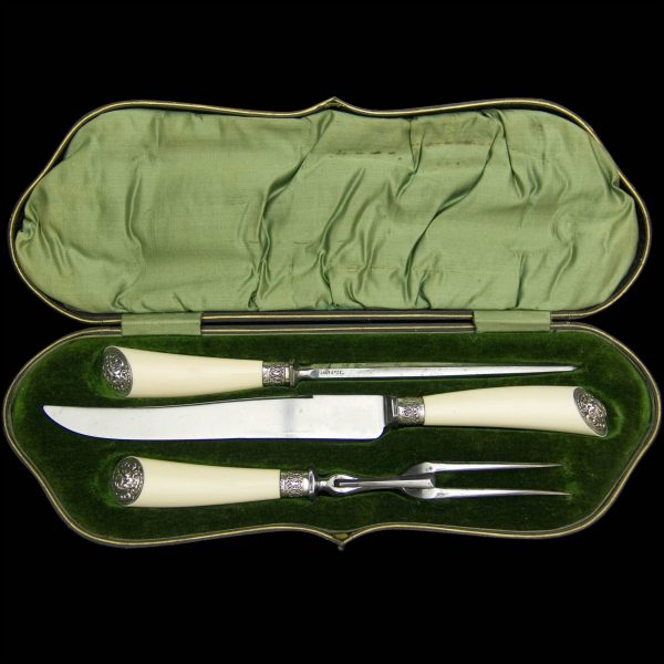 Edwardian Silver Mounted Carving Set with Ivory Handles