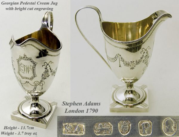 Antique Silver George III Bead Bright-cut pedestal cream jug