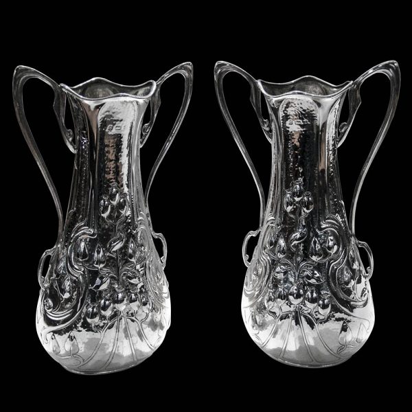 A Pair of Antique English Sterling Silver Art Nouveau Vases