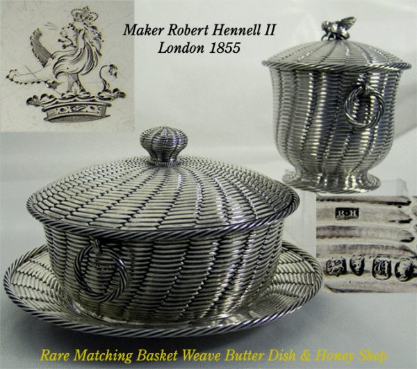 Antique silver Honey Skep and Matching Butter Dish on Stand