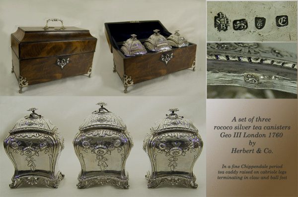 Antique silver Set of 3 George III Rococo tea caddies in Chippendale period mahogany box