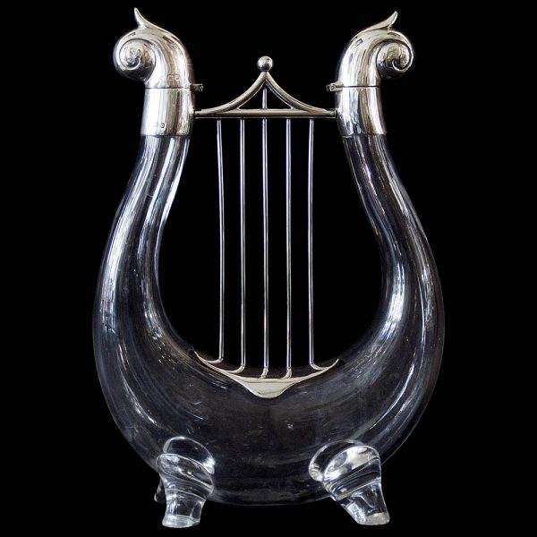 Antique English Victorian silver topped glass ‘Lyre’ decanter